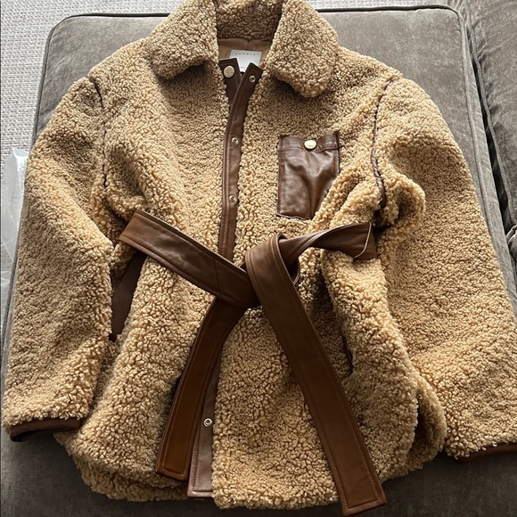 Sandro Camel Sherpa Leather-Trimmed Coat Size S